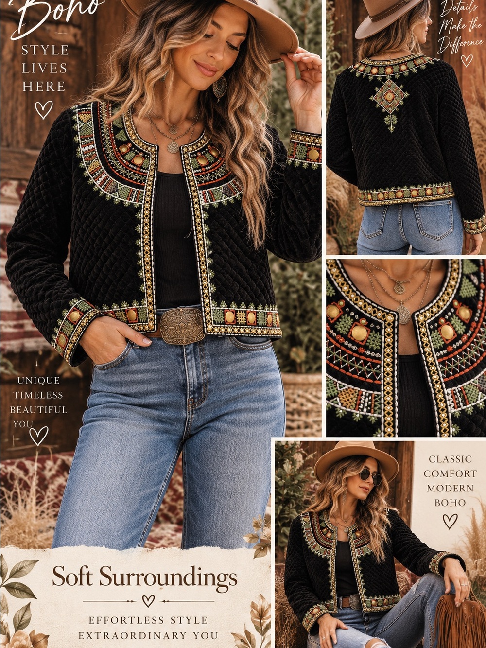Soft Surroundings Black Velvet Embroidered Boho Jacket PXL